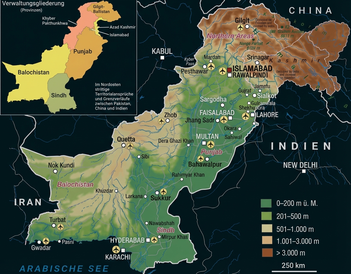 Karte von Pakistan mit Provinzgrenzen, Städten und Höhenstufen.